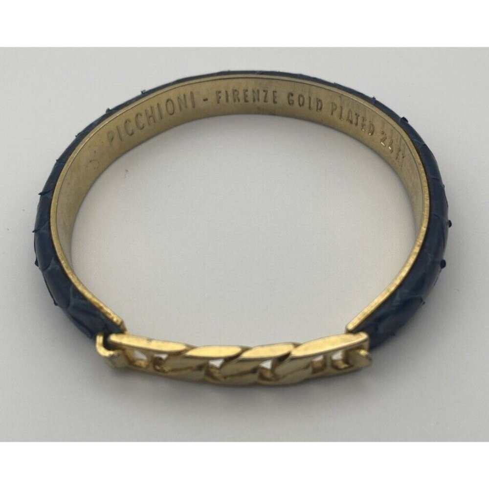 Picchioni Firenze Bracelet Gold Plated 24kt 6 .5” 8 mm Dark Blue Snake Leather - Picture 2 of 6